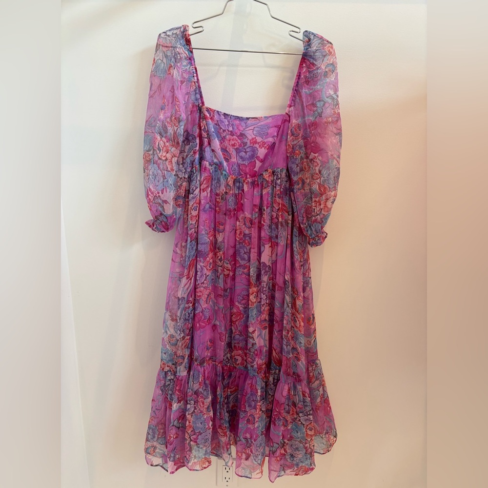 Purple Floral Midi Dress with Puff Sleeves